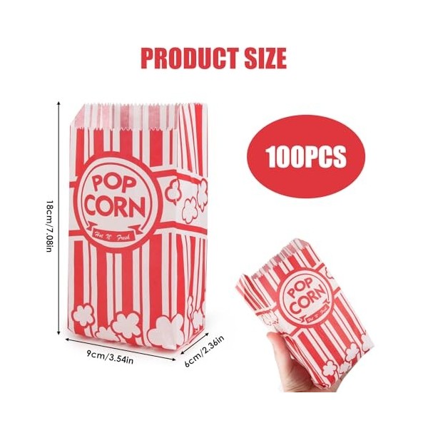 Lot de 100 sacs à popcorn en papier pour popcorn, 21 x 9 cm, accessoires pour soirée cinéma, soirée cinéma, soirée cinéma, an