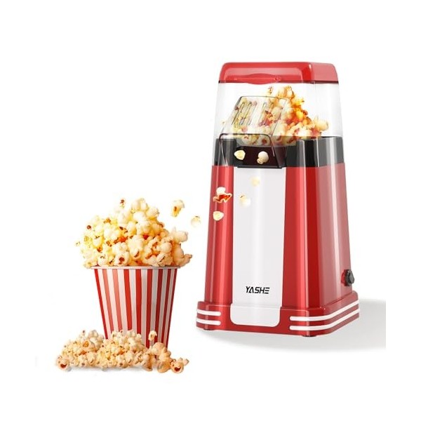 YASHE Machine à pop-corn rétro, 1200 W Machine à pop-corn à air chaud avec gobelet doseur, à bouton unique, sans huile, Parfa