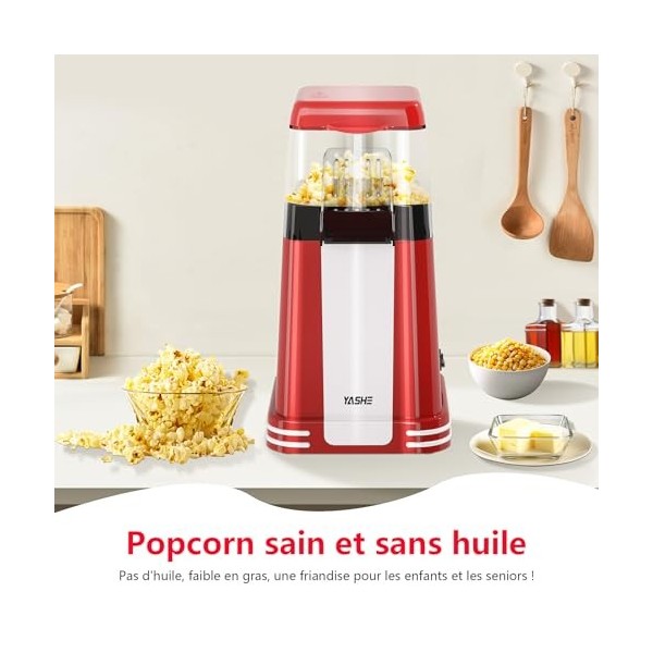 YASHE Machine à pop-corn rétro, 1200 W Machine à pop-corn à air chaud avec gobelet doseur, à bouton unique, sans huile, Parfa