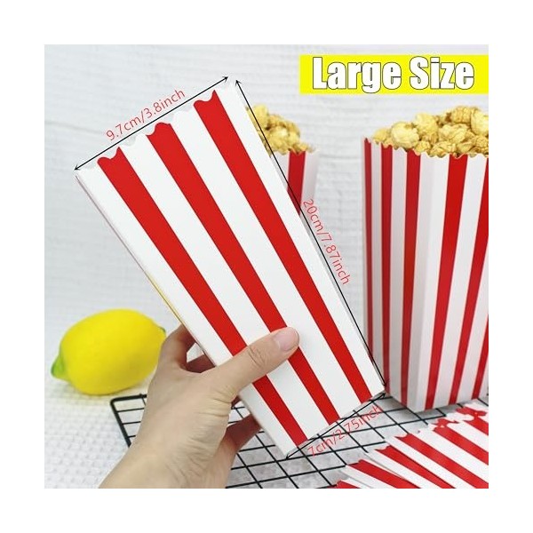 YankMooM Lot de 15 grandes boîtes à popcorn - 9,5 x 19,8 cm - Rayées rouges et blanches - Boîtes à popcorn en papier - Boîtes