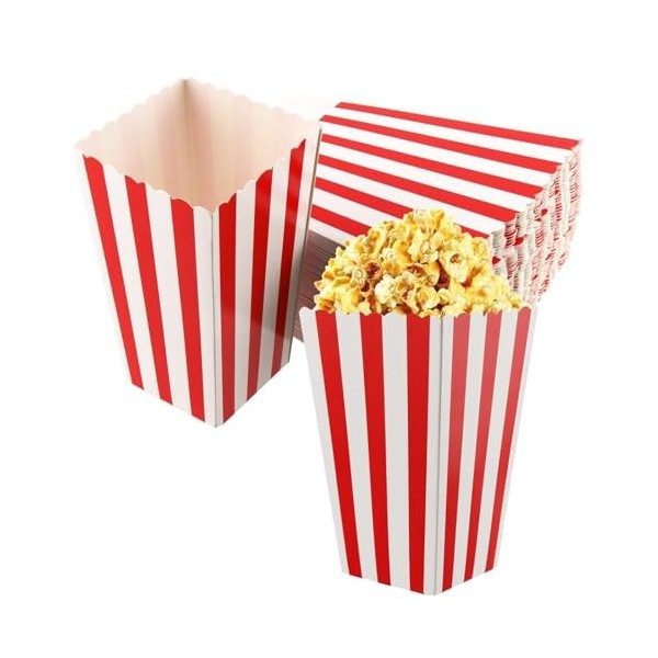 MAHIONG Lot de 120 petites boîtes à popcorn en papier à rayures rouges et blanches, boîtes à popcorn classiques pour fête, so