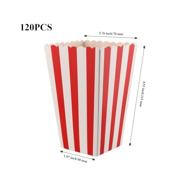 MAHIONG Lot de 120 petites boîtes à popcorn en papier à rayures rouges et blanches, boîtes à popcorn classiques pour fête, so