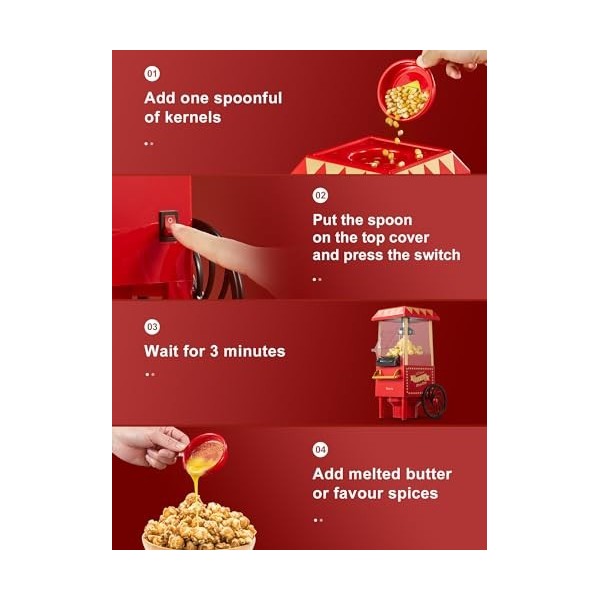 Machine à popcorn, Reemix 1200W Machine à popcorn électrique, Sans huile, Popcorn frais fait maison en moins de 3 minutes, Ut