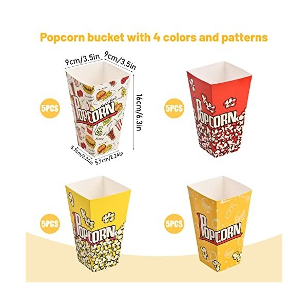 Cozlly 20 Pièces Popcorn Boîtes, Grand Sachet Pop Corn, Sac Pop Corn Papier, Pot Pop Corn Reutilisable, Bonbons Boîtes pour F