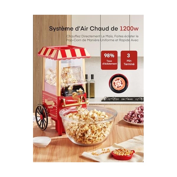 HOUSNAT Machine à Pop Corn, Machine à Pop-corn Rétro Mise à Jour, Air Chaud 1200W pour la Maison, Saine et sans Calorie, Fonc