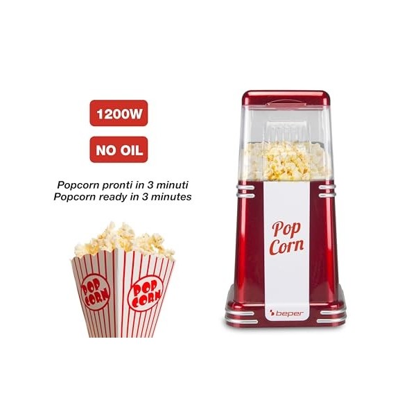 BEPER 90.590Y Machine à Pop-Corn, Pop-Corn en 3 Minutes, Sans Matières Grasses, Circulation dAir Chaud, Puissance 1200W, Rou