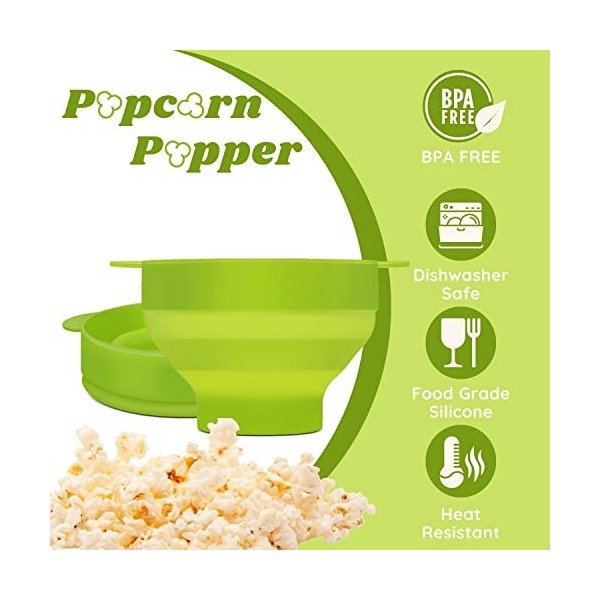 Flexzion Popcorn Popcorn Machine à micro-ondes avec couvercle, bol pliable en silicone, récipient de stockage de qualité alim