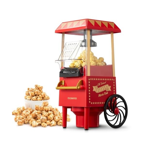 Cozeemax - Machine à pop-corn rétro - 1200 W - Pour la maison - Avec air chaud - Sans graisse - Sans huile - Opération à un b