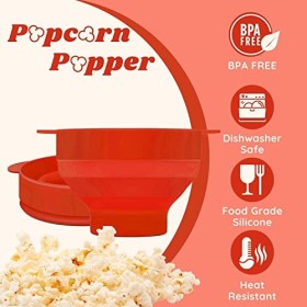 Flexzion Popcorn Popcorn Machine à micro-ondes avec couvercle, bol pliable en silicone, récipient de stockage de qualité alim
