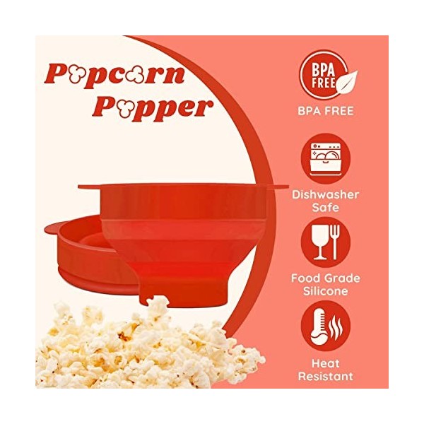 Flexzion Popcorn Popcorn Machine à micro-ondes avec couvercle, bol pliable en silicone, récipient de stockage de qualité alim