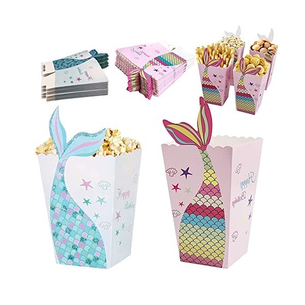 48 Pièces Partie Carton Bonbon Conteneur, Sirène de Pop Corn, Boîte à Popcorn Anniversaire, Boîte à Pop Corn Sirène, Boîtes e