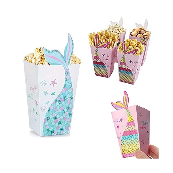48 Pièces Partie Carton Bonbon Conteneur, Sirène de Pop Corn, Boîte à Popcorn Anniversaire, Boîte à Pop Corn Sirène, Boîtes e