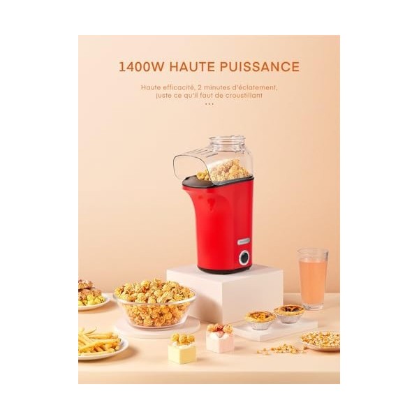 Machine à Pop Corn 1400W, 4L Grande Capacité, 120g Machine Pop Corn à Air Chaud pour la Maison, Sain & Huile Sans Gras, 2 Min