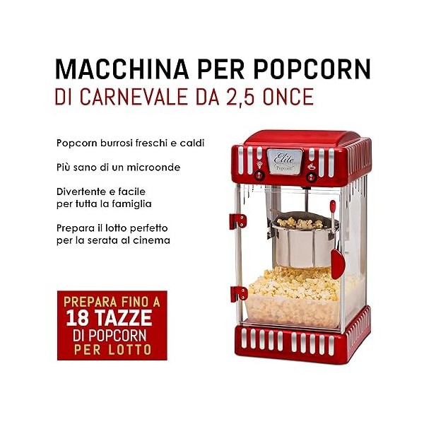 Elite Gourmet EPM-250 Machine à popcorn classique à poser, style rétro/fête foraine, capacité 74 ml, pour soirée cinéma, rou