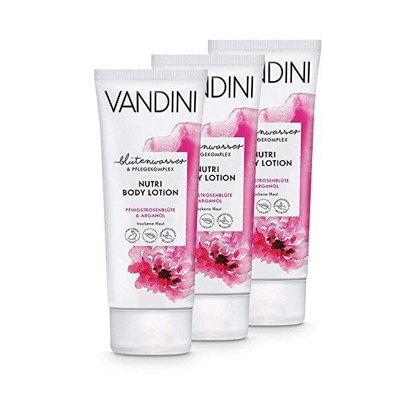 VANDINI Nutri Body Lotion Femme à la fleur de pivoine & Huile dargan - lotion hydratante pour peau sèche - lait corps végan 