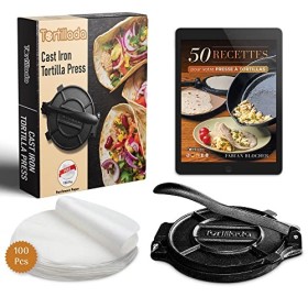 Tortillada – Presse à Tortillas de Première Qualité en Fonte + E-Book de Recettes + 100 x Papier Parchemin 25 cm 