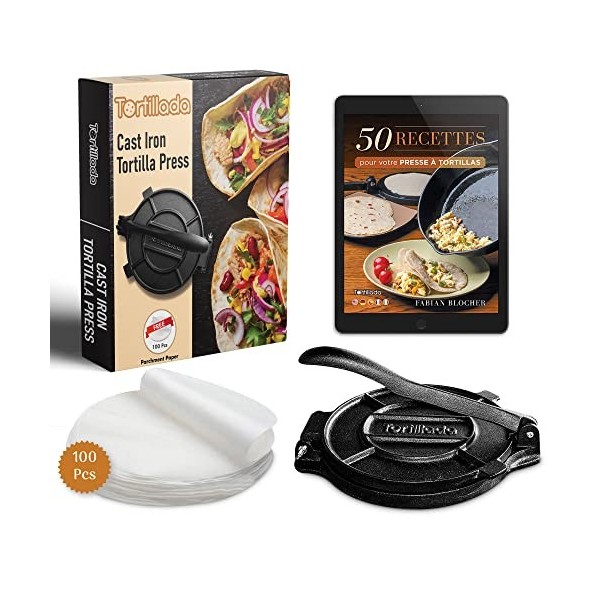 Tortillada – Presse à Tortillas de Première Qualité en Fonte + E-Book de Recettes + 100 x Papier Parchemin 25 cm 
