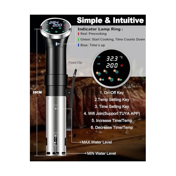 Machine sous vide pour la cuisine, cuisinière sous vide, circulation dimmersion à contrôle tactile de 1100 W avec fonction d