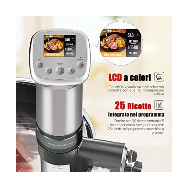 KitchenBoss Sous Vide Roner Cuisson à basse température 1100W, étanche IPX7, cuisson sous vide, acier inoxydable