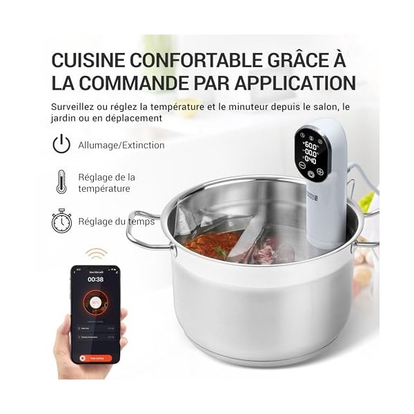 LEBENLANG Stick Sous Vide 1200W - Contrôle par Application & Timer Intégré I Pour viande poisson légumes I Thermoplongeur The