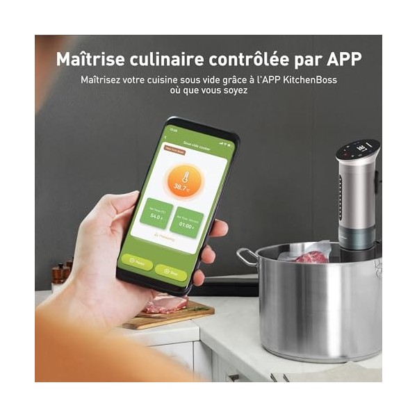 KitchenBoss Thermoplongeur Wi-Fi Cuisson Sous Vide: 1100W Cuiseur Sous Vide IPX7 Imperméable à leau dImmersion de Cuisinièr