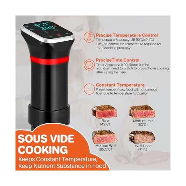 FUNYKICH Cuisson Sous Vide 1100W, Thermoplongeur Cuiseur Sous Vide Thermostat Réglable à 360° Circulation, 25℃-95℃, Calculate