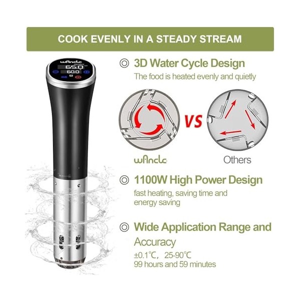 Cuiseur Sous Vide, Wancle Cuisson Sous Vide 1100W IPX7 Imperméable Thermoplongeur Sous vide Avec fonction de réservation, fac