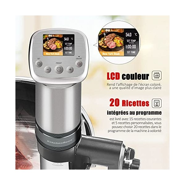 KitchenBoss Cuiseur Sous Vide Termoplongeur Sous-Vide 1100W: IPX7 étanche,20 Programmes de Recettes,écran Couleur LCD|Moteur