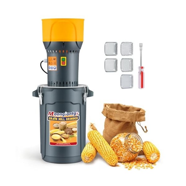Moongiantgo Moulin à Céréales Électrique 1300W Moulin à Grains et Épices, Broyeur à Graines, Seau et Trémie Amovibles de 25L,