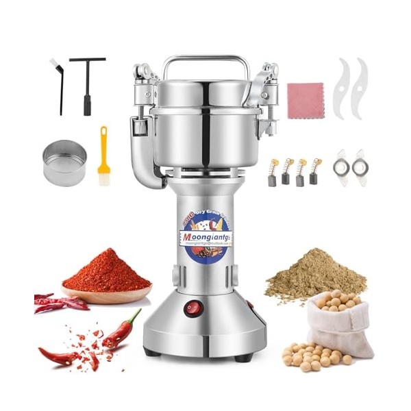 Moongiantgo Moulin à Céréales Électrique 250g, Moulin à Épices, Maille30-300, Broyage Efficace en 30s, Moteur Commercial 950W