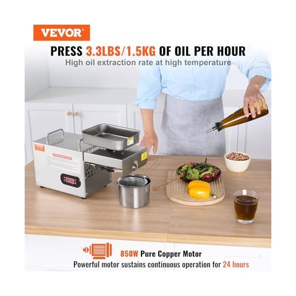 VEVOR Presse à Huile Électrique, Extracteur dHuile en Acier Inoxydable 850 W, Température Réglable de 0 à 300 ℃, Machine dE