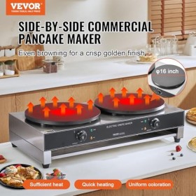 VEVOR Crêpière Électrique 40 cm, Appareil à Crêpes Commercial à Double Tête, Machine à Crêpes Antiadhésive, Plaque Chauffante
