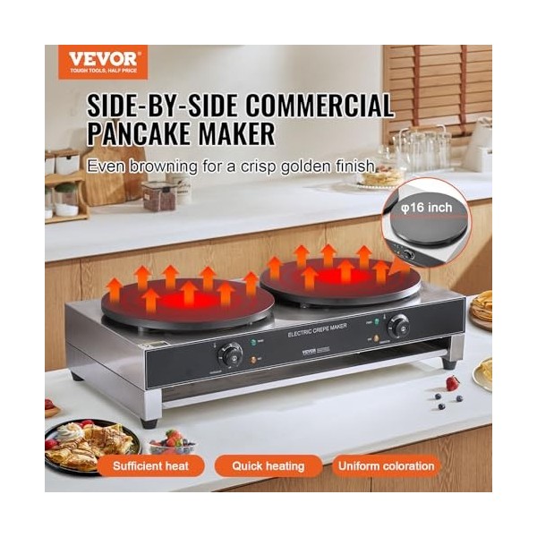 VEVOR Crêpière Électrique 40 cm, Appareil à Crêpes Commercial à Double Tête, Machine à Crêpes Antiadhésive, Plaque Chauffante