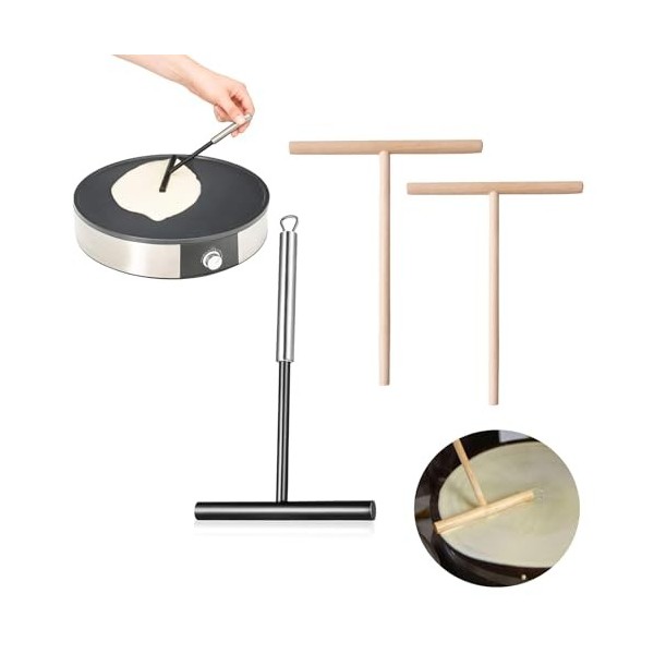 3 pièces Répartiteur de Pâte, 2 pièces En Bois Répartiteur de pâte, 1 pièces épandeur de Pâte à Crêpes en Acier Inoxydable, R