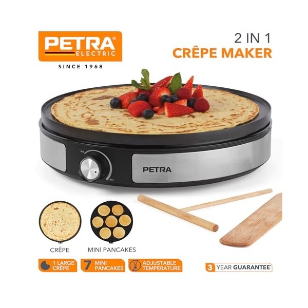Petra 2 en 1 Crêpière – Machine à crêpes, faites 1 grande crêpe ou 7 mini crêpes, assiette réversible de 33 cm, antiadhésive,