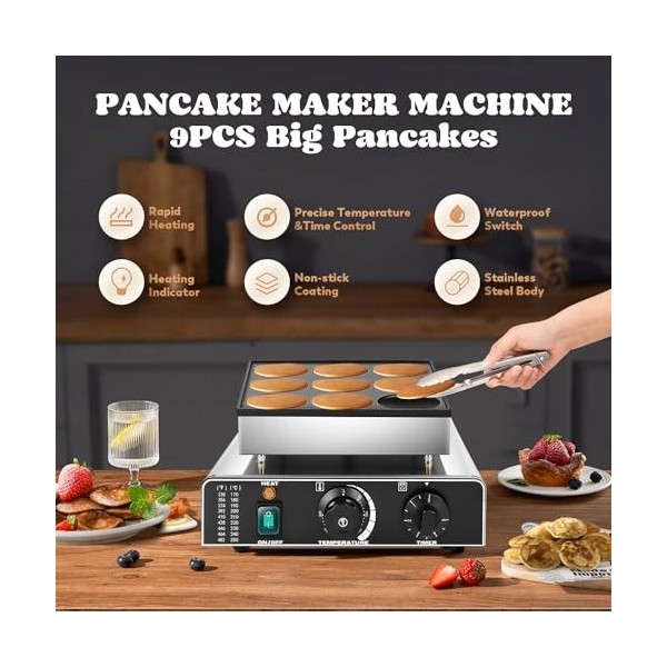 Moongiantgo 9 Trous Machine à Crêpes Hollandaise, Machine à Pancake En Acier Inoxydable, Contrôle De La Température De 50 à 3