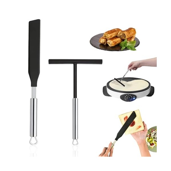 Ustensile de cuisine en acier inoxydable et silicone - Accessoires pour crêpes - Répartiteur - Spatule dangle - Spatule en a
