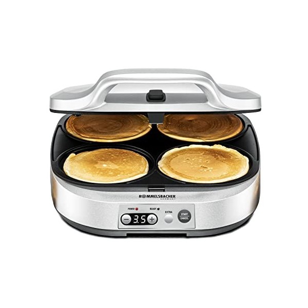 Rommelsbacher Pancake Maker PC 1800, 4 plaques de Cuisson de 13,5 cm de diamètre, revêtement antiadhésif, minuterie de 15 Min