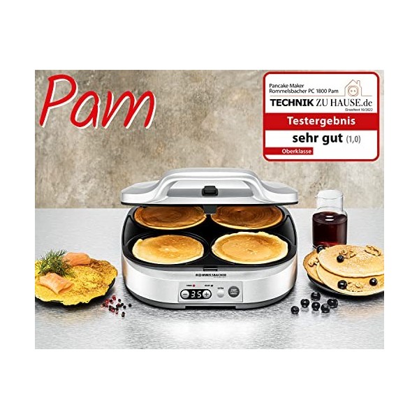 Rommelsbacher Pancake Maker PC 1800, 4 plaques de Cuisson de 13,5 cm de diamètre, revêtement antiadhésif, minuterie de 15 Min