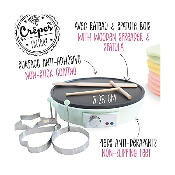 SCRAP COOKING 3899 Crêpière Crêpes Factory, Machine Électrique, avec Plaque Chauffante Anti-Adhésive, Râteau, Spatule & 3 Mou