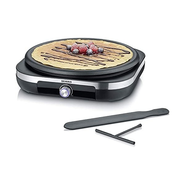 SEVERIN Crêpière, Avec spatule à crêpe et répartiteur de pâte, 1500 W, CM 2199, Inox / Noir
