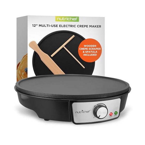 Nutrichef Crêpière et Grille Electrique de 1200 Watts | Plaque de Cuisson Chauffante Antiadhésive 30 cm | Contrôle de Tempéra