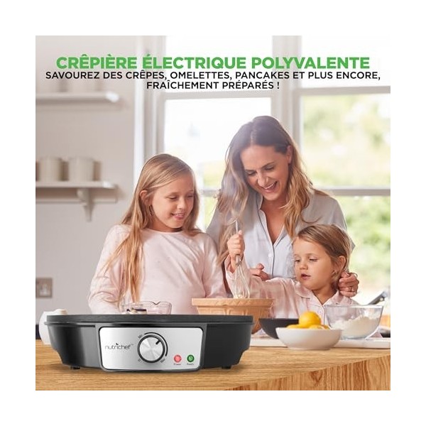 Nutrichef Crêpière et Grille Electrique de 1200 Watts | Plaque de Cuisson Chauffante Antiadhésive 30 cm | Contrôle de Tempéra
