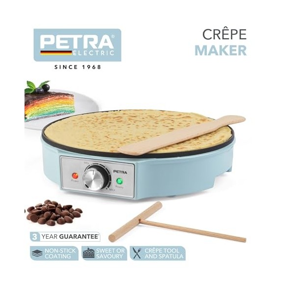 Petra PT6223BLVDE Crêpe Maker – plaque chauffante électrique à crêpes, surface de cuisson antiadhésive, grande plaque de 30 c
