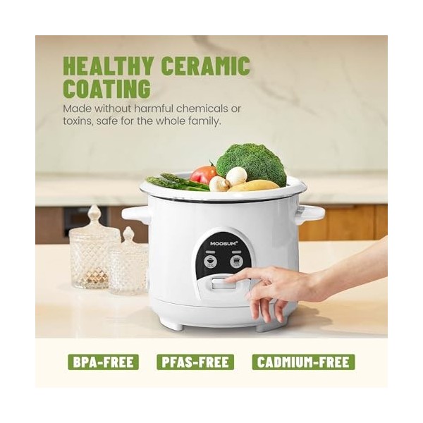 MOOSUM Cuiseur à riz avec cuiseur vapeur One Touch et nourriture, 0,6 l à 3 tasses, pour 1 à 2 personnes, cuisson rapide sans