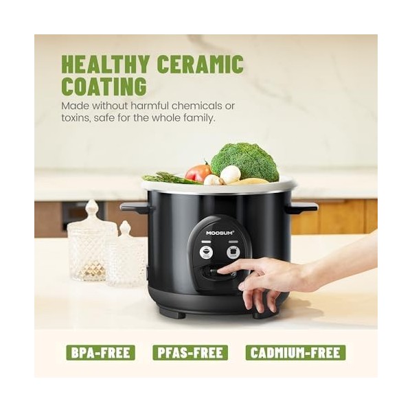 MOOSUM Cuiseur à riz avec cuiseur vapeur One Touch et nourriture, 0,6 l à 3 tasses, pour 1 à 2 personnes, cuisson rapide sans
