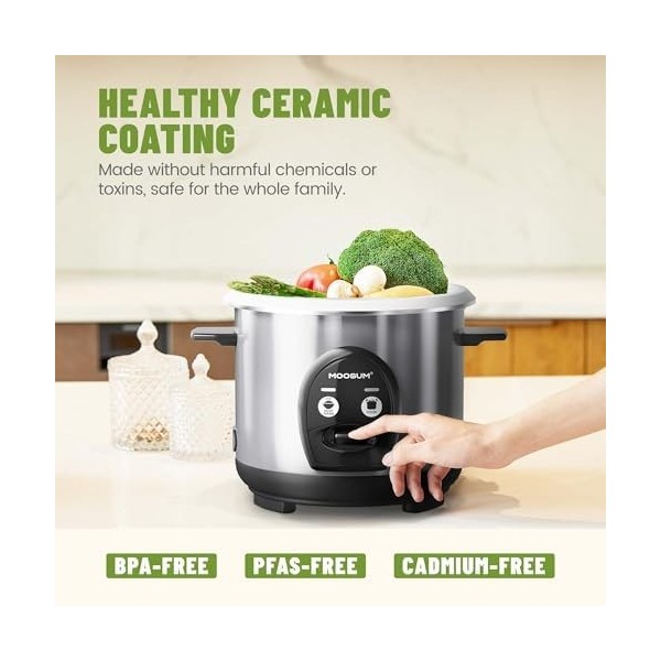 MOOSUM Cuiseur à riz avec cuiseur vapeur One Touch et nourriture, 0,6 l à 3 tasses, pour 1 à 2 personnes, cuisson rapide sans