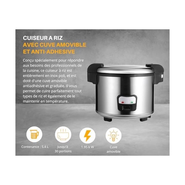 L2G - Cuiseur à Riz Professionnel en Inox Poli, Capacité 5,4 L jusquà 30 portions , Cuve Antiadhésive Graduée, Doseur et Cu