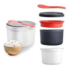 Qivine Petit cuiseur à riz pour micro-ondes de 2 L avec cuillère à riz et plateau à légumes cuits à la vapeur, passe au lave-