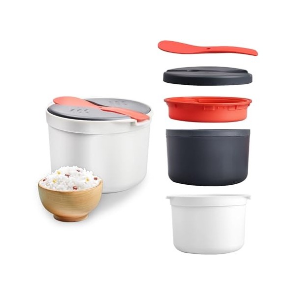 Qivine Petit cuiseur à riz pour micro-ondes de 2 L avec cuillère à riz et plateau à légumes cuits à la vapeur, passe au lave-